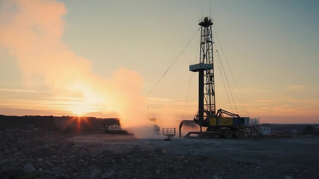 Oil drilling rig at sunset with smoke and machinery in the background