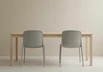 Empty wooden table and chairs in light interior