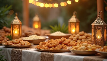 Obraz premium Festive Middle Eastern feast. Golden lanterns, bokeh lights on a table. Delicious food in an outdoor setting. Dinner party, holiday, Ramadan or other celebration.