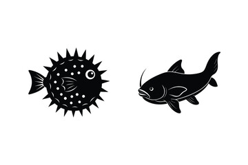 Simple black and white vector illustration of a pufferfish and anglerfish silhouette for design elements