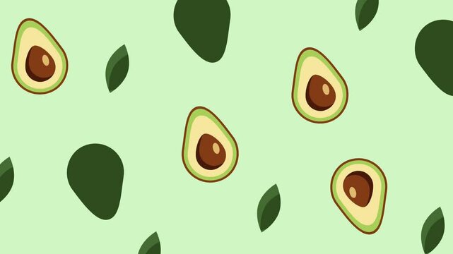 A mix of avocado shapes and green seed-like patterns scattered across a pastel green backdrop, creating a textured organic design.
