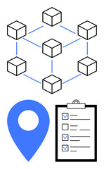 Cube network symbolizing blockchain technology, geolocation marker, and clipboard with checklist. Ideal for logistics, blockchain, task management, tracking, planning, process flow and simple