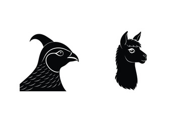 Black silhouettes of a quail and a llama depicted with bold lines against a white background