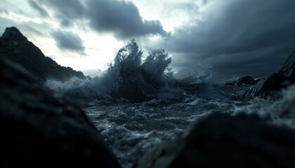 Crashing waves on rocky shore under stormy sky, creating dramatic seascape scene