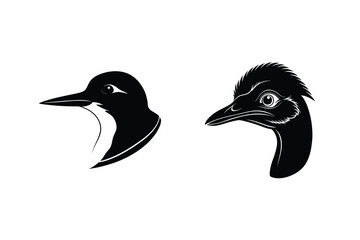 Elegant black and white silhouette illustrations featuring a stylish bird and an emu head design