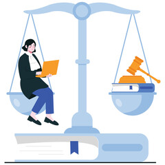 Law and Justice Illustration. Vector illustration of A female legal professional sits on one side of a scale while law books and a gavel weigh the other side. Isolated on background