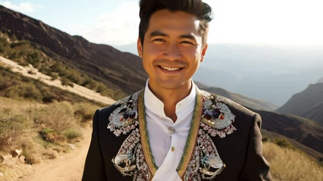 The camera slowly zooms in as a youthful 22-year-old asian man in a mexican charro suit walks confidently, facing the camera, along a mountain trail