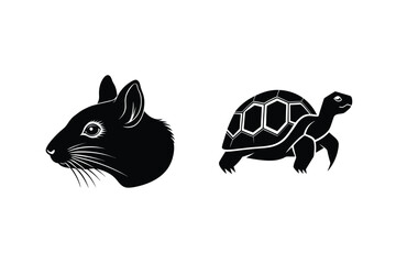 Black and white vector illustration featuring a silhouette of a rat and a turtle on a white background.