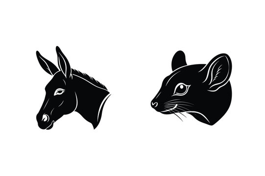 Black silhouette illustrations of a donkey head and a rat head vector graphic art in minimalist style