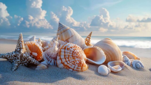 A collection of colorful seashells and a starfish lie on sandy beach with the ocean waves and clouds in the background.