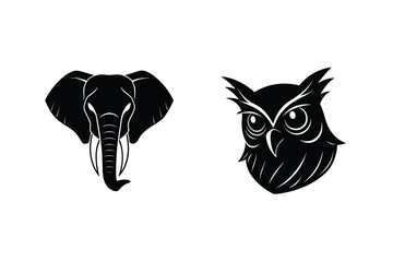 Black and white elephant and owl silhouette design elements ideal for logos or graphic projects