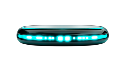 Futuristic black pod with teal glowing lights, cut out transparent