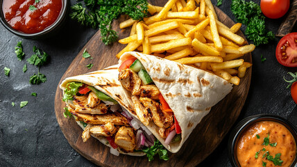 Arab chicken shawarma meal with fries, chicken pita wrap roll sandwich traditional arab mid east food, top view