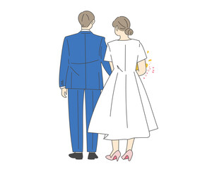 Bride and groom standing together, wedding back view