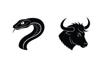 Black silhouette art of a cobra snake and a bull animal head designed on a white background