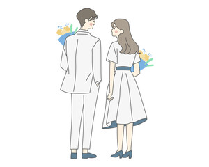 Bride and groom with bouquet, wedding back view