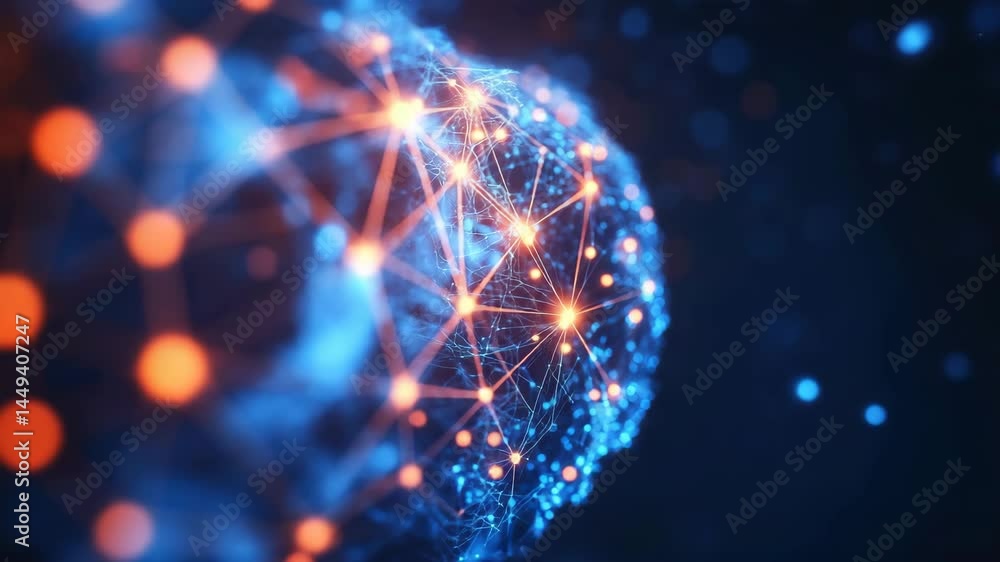 Poster a glowing digital network sphere with interconnected blue lines and orange nodes on a dark backgroun