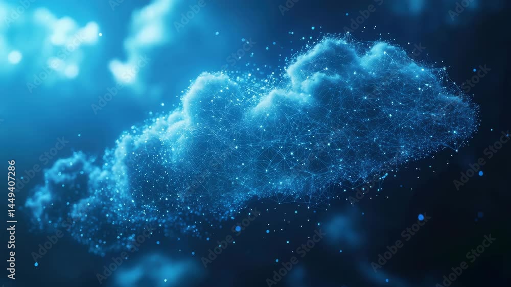 Poster a digital cloud made of interconnected glowing nodes floats in a dark blue sky, symbolizing cloud co