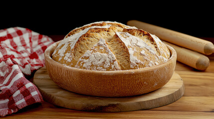 Homemade Bread Freshly Concept, Freshly baked sourdough bread in a rustic setting with a cloth and rolling pins.