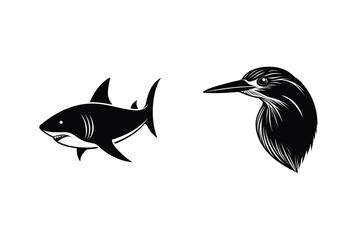 Black and white silhouette illustration of a shark and a kingfisher design on white background