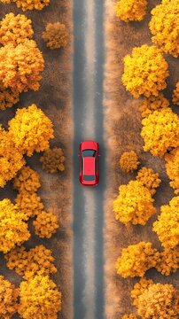 Top view of red car on asphalt road amidst vibrant yellow autumn forest