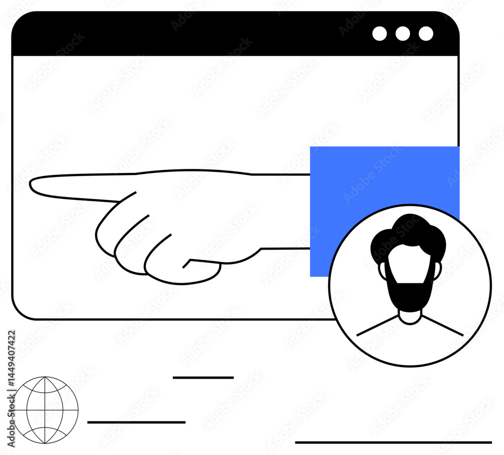 Poster outstretched hand pointing within browser interface, circular user avatar, and globe icon. ideal for