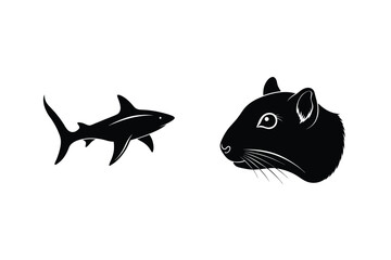 Obraz premium Black silhouette illustration of a shark and a rodent animal design on a plain white background for visual communication