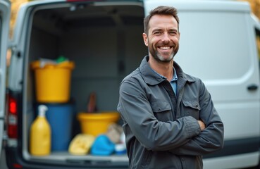 Joyful male cleaner poses in front of van with cleaning supplies. Smiling man with crossed arms ready for work. Professional service. Cleaning business, local service.