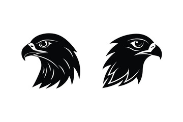 Bold black silhouette designs featuring two eagle head silhouettes with intense gazes on white background