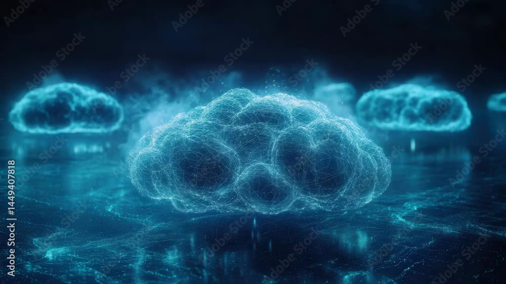 Poster a glowing digital cloud made of interconnected data points floats in a futuristic virtual environmen
