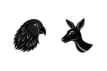 Black silhouette illustrations of a parrot and a kangaroo head facing opposite directions on a white background
