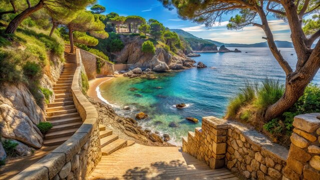 Ancient stone steps leading down to a secluded beach in Calella de Palafrugell's old town, surrounded by lush greenery and Mediterranean trees, calella de palafrugell, sea