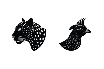 Black and white silhouette illustrations of a jaguar head and a bird representing nature wildlife