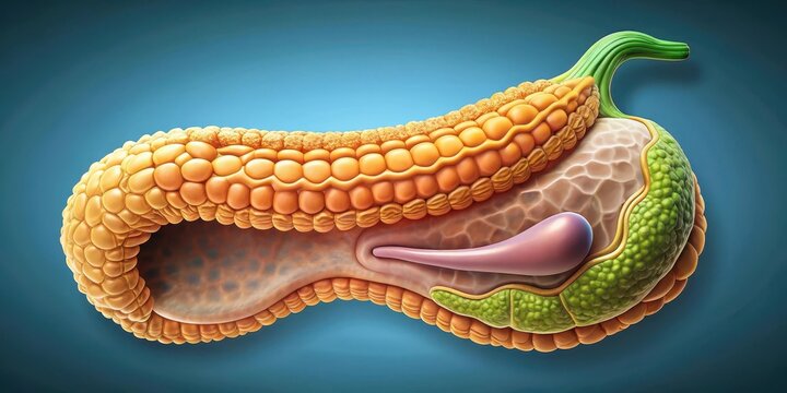 Detailed illustration of a hyperrealistic pancreas with lobulated structure and digestive enzyme production, pancreas, medical visualization