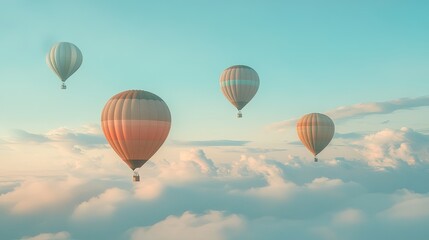 Obraz premium A serene scene of colorful hot air balloons gracefully floating above fluffy clouds at sunrise, creating a tranquil atmosphere perfect for travel and adventure themes