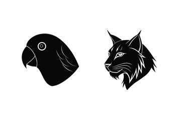 Black and white vector silhouette illustration of a parrot and a lynx head showing side profiles © Sumon