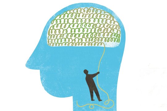 Human head with a knitted brain