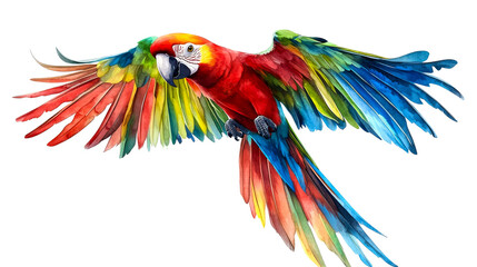 Fototapeta premium Colorful Macaw Spreading Wings in Flight, cut out transparent