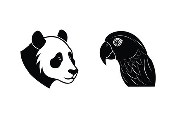A black and white silhouette illustration featuring a panda and a parrot facing each other in profile
