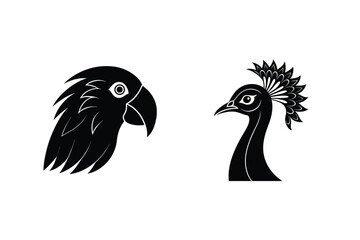 Elegant black and white silhouette illustrations of a parrot and peacock head profile design