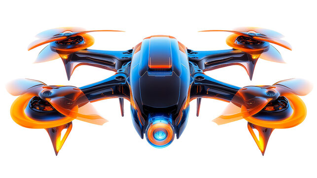 Futuristic style drone with rotating propellers, cut out transparent