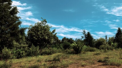 Obraz premium Overgrown Vacant Land in New England with Lush Grass and Bushes Under a Clear Blue Sky