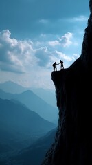 Mountain climbers assisting each other on a cliff edge, dramatic vista of valley below, a powerful image of human assistance, inspirational and motivational