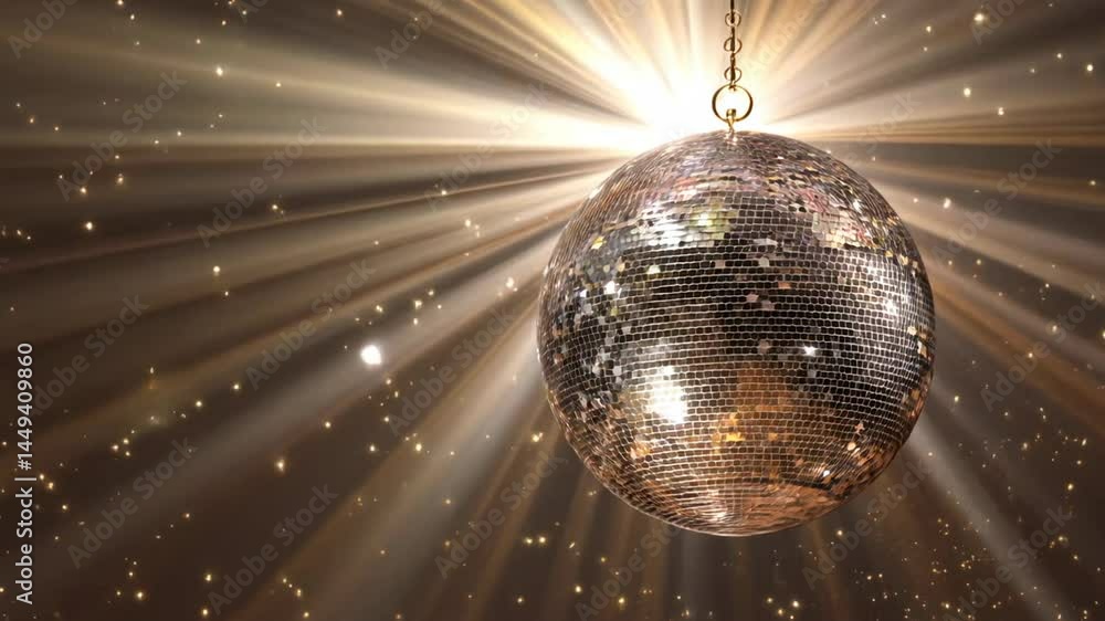 Poster a sparkling disco ball is hanging and spinning on a background with shining rays of light and small 