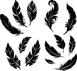 Decorative Feather Silhouette Collection. Black Ornamental Vector Set