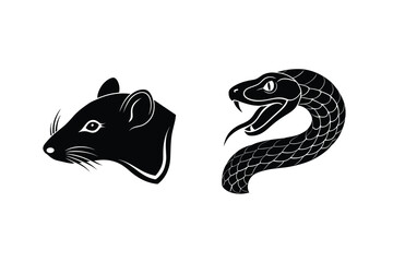 Naklejka premium Black silhouette illustrations of a rat and a snake facing each other on a stark white background.