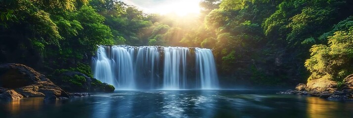 Fototapeta premium Serene Waterfall In Lush Green Forest Landscape Scenery With Sunlight Streaming Through Trees High Resolution Photo