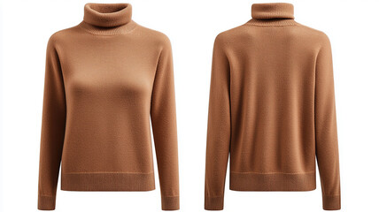 Blank long sleeve turtleneck sweater front and back mockup, Brown women's turtleneck sweater isolated on white background