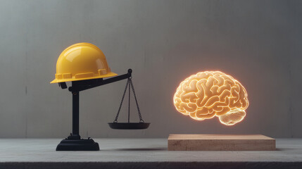 Hardhat Conceptual Thinking, Hard hat balancing scale opposite glowing brain symbolizes balance between safety