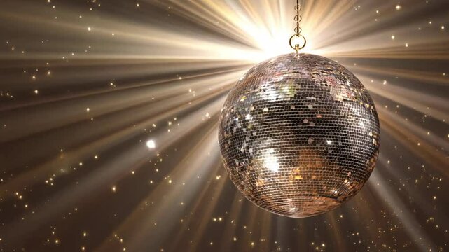 A sparkling disco ball is hanging and spinning on a background with shining rays of light and small stars.